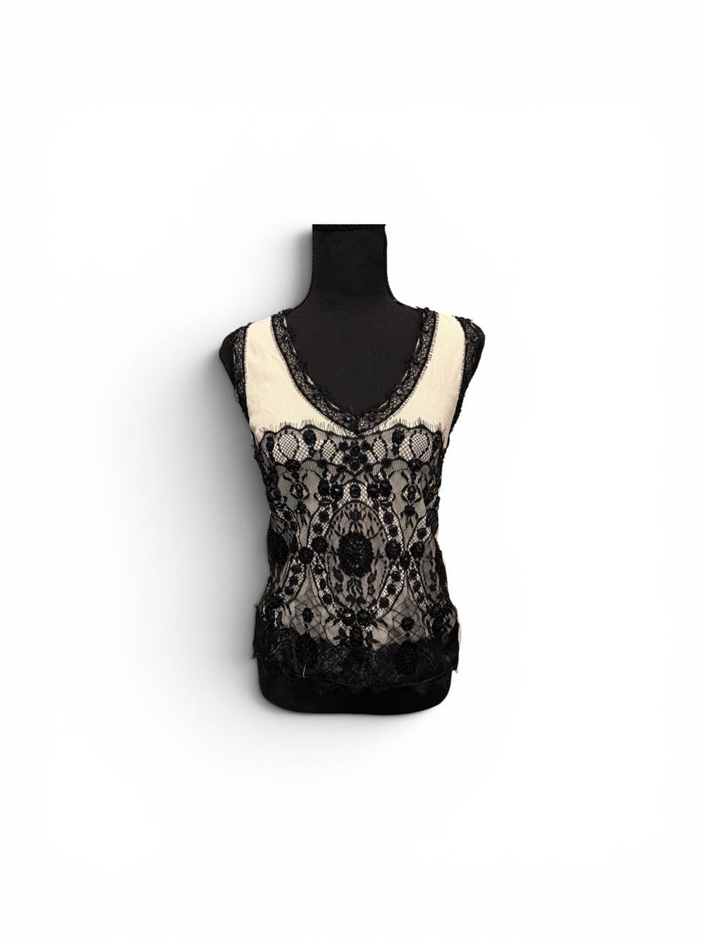 Pierri New York Black Lace Overlay Top with Cream V-Neck